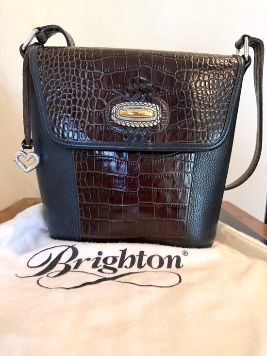 Brighton Handbags - Brighton A080080 Leather Crossbody Bag – Brown Croc & Black Grain – Heart Charm